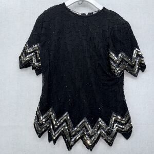 Vintage Women’s SCALA 100% silk Beaded Short Sleeve Blouse Black Gold Silver M